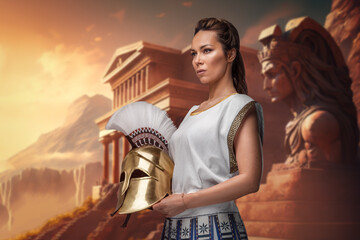 Wall Mural - Art of warrior woman dressed in tunic holding plumed helmet around greek building.