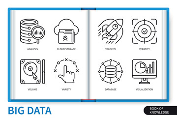 Aufkleber - Big data infographics elements set. Database, veracity, volume, variety, cloud storage, analysis, velocity, visualization. Web vector linear icons collection