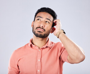 Aufkleber - Confused, thinking and Asian man with gesture for an idea isolated on a grey studio background. Doubt, frustrated and Japanese person with memory loss, confusion and contemplation on a backdrop