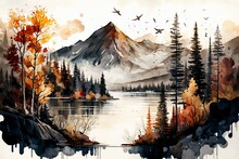 Watercolor Landscape With Mountains, Forest And River In Front. Beautiful Landscape. Generative AI