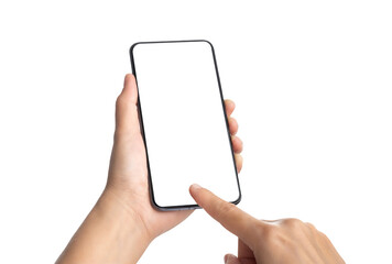 Poster - Hand holding smartphone and touch with blank screen,mockup with copy space for advertising online