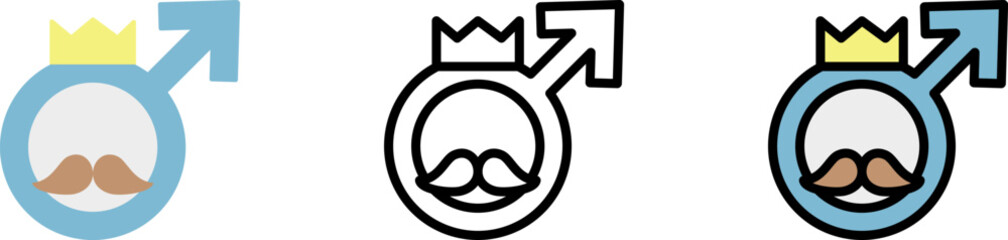 Poster - Male symbol, mustache, crown vector icon in different styles. Line, color, filled outline