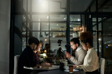 Aufkleber - Creative business people, meeting and planning at night with technology working on project deadline. Group of young designers at work, late shift or strategy in teamwork or plan at office for startup