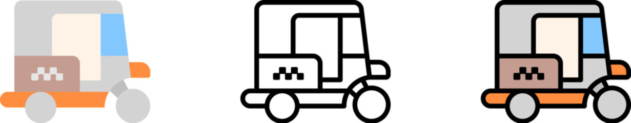 Poster - Tuk tuk, car vector icon in different styles. Line, color, filled outline