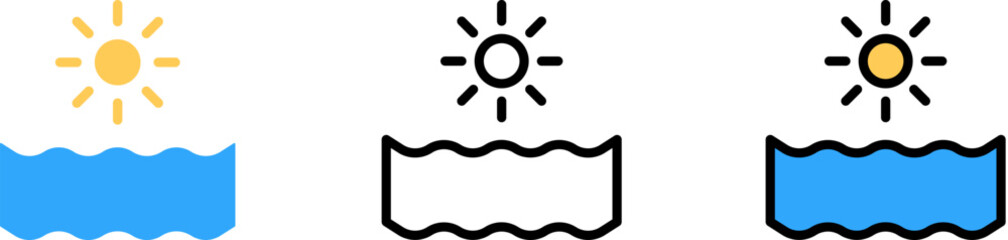 Poster - Sun, ocean vector icon in different styles. Line, color, filled outline