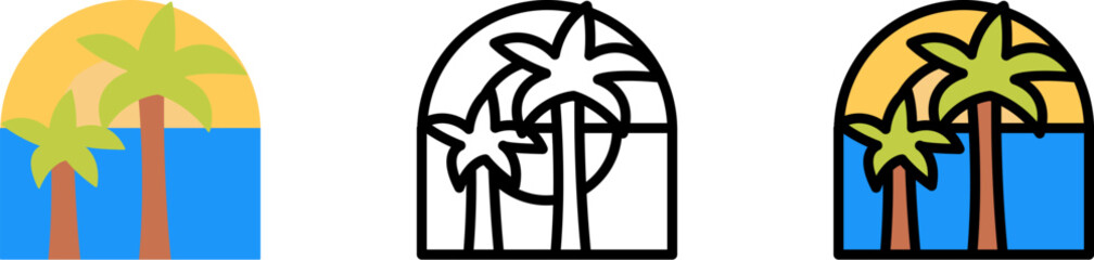 Poster - Palms, sun, ocean vector icon in different styles. Line, color, filled outline