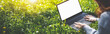 © candy1812 - Woman lying with laptop on the blossoming meadow in natural park.