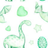 Fototapeta Dziecięca - Watercolor Seamless Pattern With Cute Dinosaurs