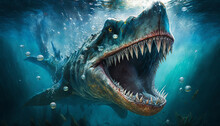 Dinosaur Shark Head And Teeth In The Deep Blue Sea. Generative AI