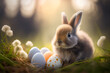 Niedlicher Hase sitzt mit bunten Eiern an Ostern im Gras
