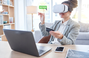 Poster - Woman, laptop and VR in ecommerce with credit card for online shopping or banking at office desk. Happy female shopper with headset for futuristic networking, metaverse or virtual reality transaction