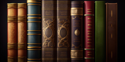 Wall Mural - Books standing on a shelf, full background. Old hardcover book spines in a row. Generative AI