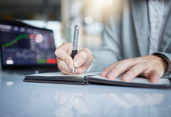 Poster - Trader, hands and writing notes in book on stock market chart or graph statistics for trading at the office. Hand of investor or broker taking note of bitcoin, cryptocurrency or investment for profit