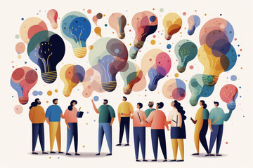 business illustration. small people characters develop creative business idea. Isometric big light bulb as metaphor idea. Graphics design Generative AI