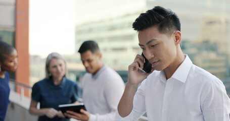 Aufkleber - Businessman, work phone call and communication with networking, b2b and professional discussion in Tokyo. Talking, business deal and negotiation with lawyer and phone conversation, technology and 5g.