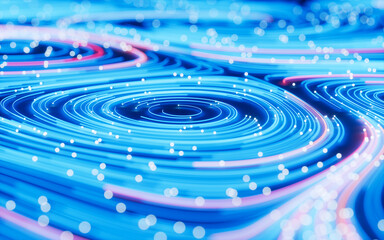 Poster - Flowing lines and glowing particles, Neon lines background, 3d rendering.
