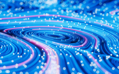 Poster - Flowing lines and glowing particles, Neon lines background, 3d rendering.