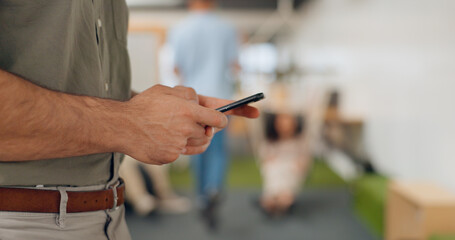 Aufkleber - Phone, startup workspace and man hands typing in creative networking, social media or email on mobile chat. Busy, planning and worker, person or employee hand holding smartphone for app communication