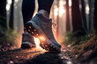Lady trail runner walking on forest path with close up of trail running shoes