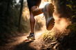 Lady trail runner on forest path with close up of trail running shoes 