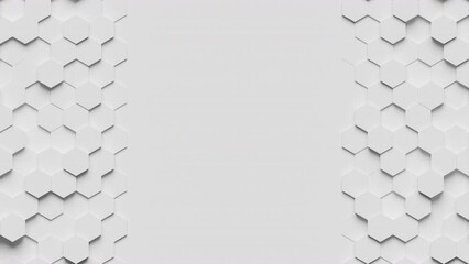 Fototapete - Abstract geometric background. White surface with moving hexagonal shapes on both sides. 3d animation ready to loop