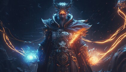 Wall Mural - mystic magician with magic spells around him created with generative ai technology