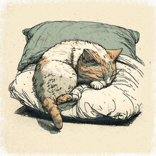 Watercolor Drawing Of A Cute Sleeping Kitten. Little Kitten Sleeps On Pillows