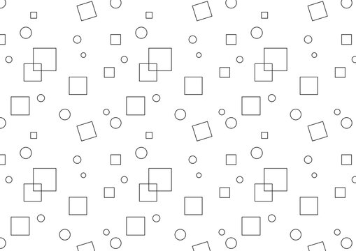 四角と丸のシンプルなモノクロ線画のシームレスパターン背景