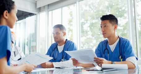 Poster - Handshake, welcome and doctors in an interview, planning meeting and healthcare schedule at a hospital. Support, partnership and medical employees shaking hands, agenda communication and solidarity