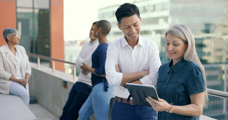 Poster - Business people diversity, tablet or office balcony in digital marketing research, strategy planning or calendar management. Mature ceo, talking manager or internship training schedule on technology