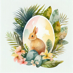 Wall Mural - The watercolor of tropical plant easter themed and eggs and cute rabbit 