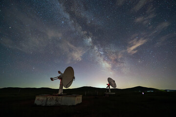 Radio telescopes and the Milky Way at night ,  Milky way panorama