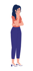 Poster - pretty woman standing in thinking pose semi flat color vector character. editable figure. full body 