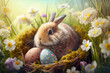 Osterhase sitzt mit bunten Eiern im Osternest inmitten einer Blumenwiese