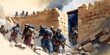 illustration of Battle of Jericho wall falling down, watercolor art, generative ai