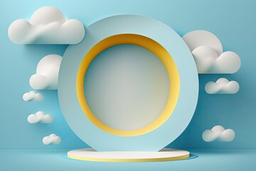 Wall Mural - azure background with white clouds and a round yellow hole in the middle, in an abstract style. Clean and uncluttered product display including a geometric showcase and an empty podium. Generative AI
