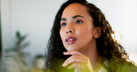 Poster - Business woman, face or thinking on computer in digital marketing office, web design studio or advertising branding startup. Zoom, mature ceo or manager on technology for website innovation or ideas