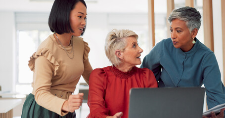 Poster - Laptop, face and senior business woman doing feedback review of financial portfolio, stock market or investment. Online research, bitcoin mining and portrait of trader trading nft, forex or crypto