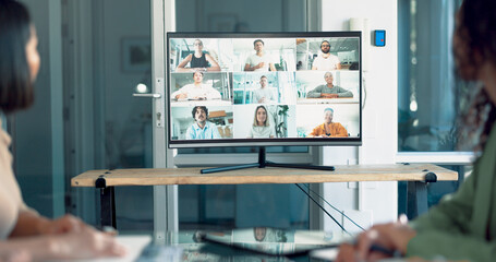 Poster - Discussion, team and video conference with screen and business people, online with business meeting and communication. Internet, webinar and online meeting, teamwork and collaboration on video call