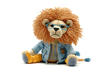 Lion With Cool Clothes Isolated On White, Stuffed Toy, Illustration Generative Ai