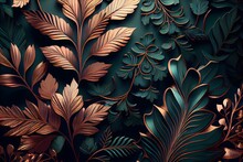Blumennahtlose Smaragdgrüne Und Metallische Kupferpflanze, Generative Ai, Illustration Abstrakter Sommer-Vintage-Blatttapeten