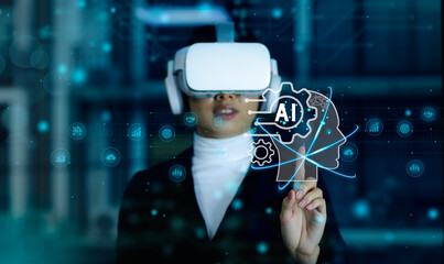 Poster - businesswoman wear VR headset pointing at virtual screen showing results of intelligent AI learning system. Futuristic AI Metaverse Business technology transformation..