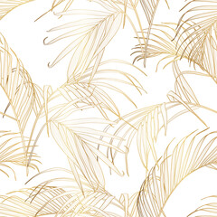 Wall Mural - Foliage seamless pattern, tropical palm leaves, golden art ink drawing on white background.