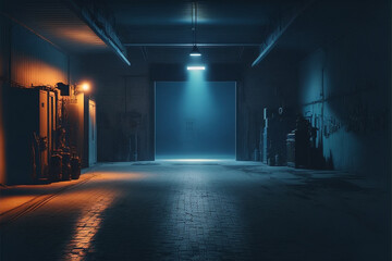 Wall Mural - Big Large Neon Laser Blue Dark Night Warehouse Tunnel Corridor Concrete Garage. Futuristic dark podium with light and reflection background. 