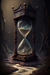 Wall Mural - antique hourglass in a fantasy landscape, Generative AI