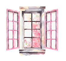 Watercolor Spring Window With Flowers. Countryside Summer House Clipart