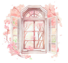 Watercolor Spring Window With Flowers. Countryside Summer House Clipart