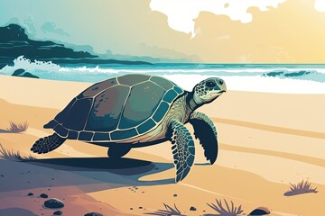 Poster - At dawn, the turtle makes its way back to the water. Nesting sites were found on Oman's turtle beach. Generative AI