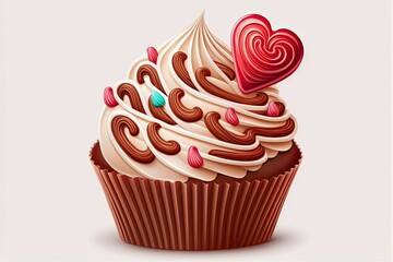 Poster - delicious Valentine's Day cupcake, top view, on white background. Generative AI