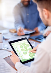 Marketing, strategy and a tablet in the hands of a business man during a meeting in the boardroom. Graphic, illustration and statistics with a male employee doing research while planning at work